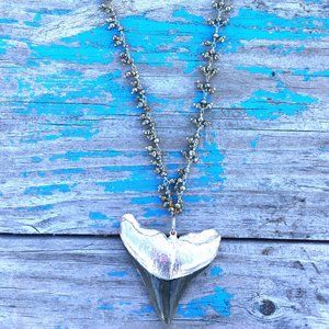 Large Shark Tooth Pendant capped in Sterling on Pyrite beaded chain
